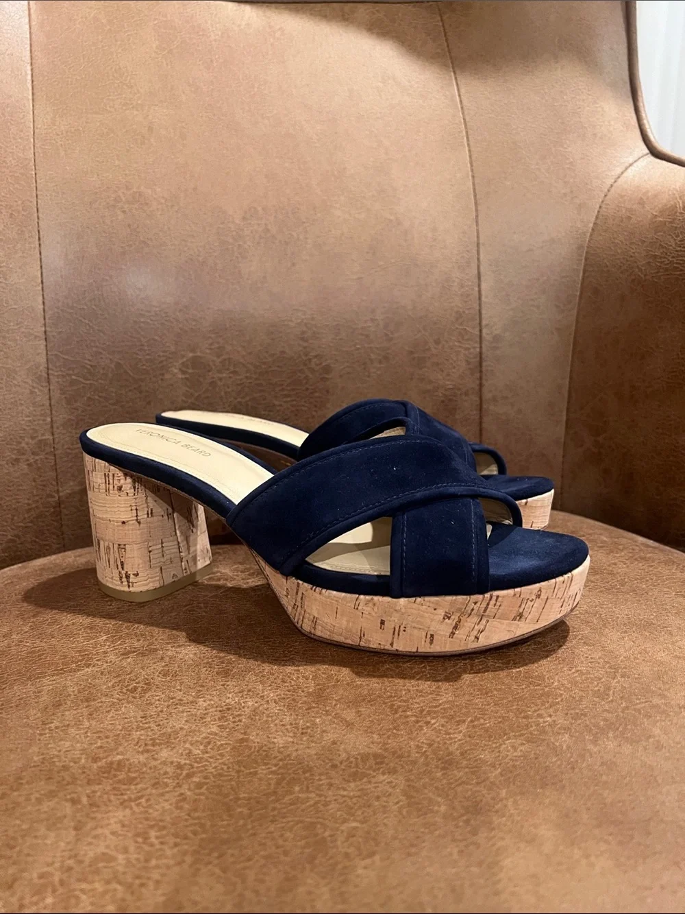 Veronica Beard Navy Suede Cork Block Heel Slides